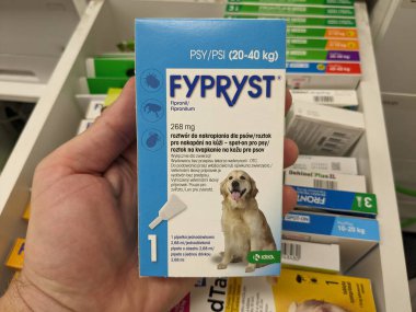 Prague, Czech Republic - July 9 2024: FYPRYST box of topical solution with FIPRONIL active substance by KRKA, used for flea and tick treatment in pets. clipart