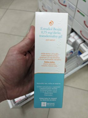 Prag, Çek Cumhuriyeti - 13 Temmuz 2024: ESTRADIOL BESINS jeli BESINS HeALTHCARE tarafından kullanılan ESTRADIOL aktif madde.