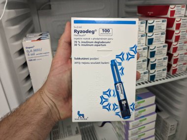 Prag, Çek Cumhuriyeti - 6 Aralık 2024: NOVO NORDISK tarafından INSULIN DEGLUDEC ve INSULIN ASPART aktif maddeleri ile RYZODEG enjeksiyonu.