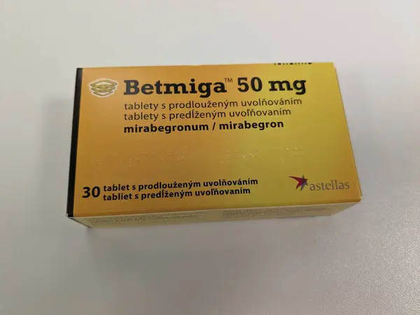 stock image Prague,Czech Republic-August 7 2024: BETMIGA box of medication with MIRABEGRON active substance by ASTELLAS,used for treatment of overactive bladder