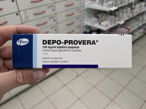 stock image Prague,Czech Republic-August 7 2024: DEPO-PROVERA box of medication with MEDROXYPROGESTERONE active substance by PFIZER,used for contraception,birth control