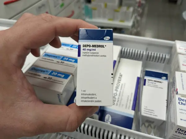 stock image Prague,Czech Republic-August 7 2024: DEPO-MEDROL box of medication with METHYLPREDNISOLONE active substance by PFIZER,used for treatment of inflammatory conditions