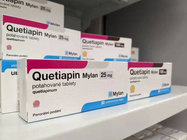 stock image Prague,Czech Republic-August 10 2024: QUETIAPIN MYLAN box of medication with QUETIAPINE active substance by MYLAN,used for treatment of bipolar disorder,schizophrenia.