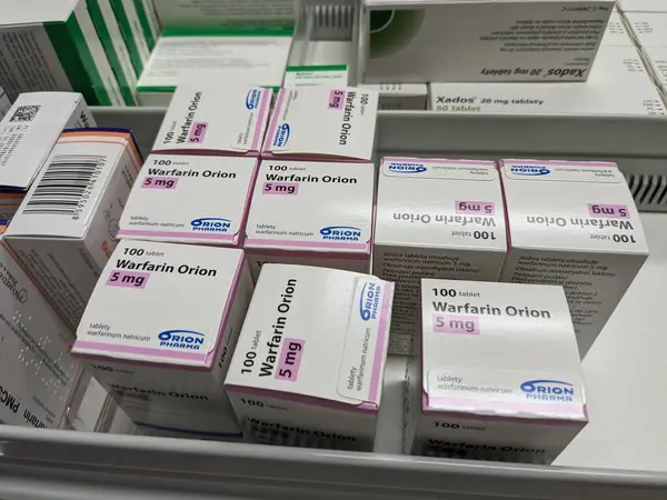 stock image Prague,Czech Republic-August 10 2024: WARFARIN ORION box of medication with WARFARIN active substance by ORION,used for treatment of venous thrombosis,stroke prevention.