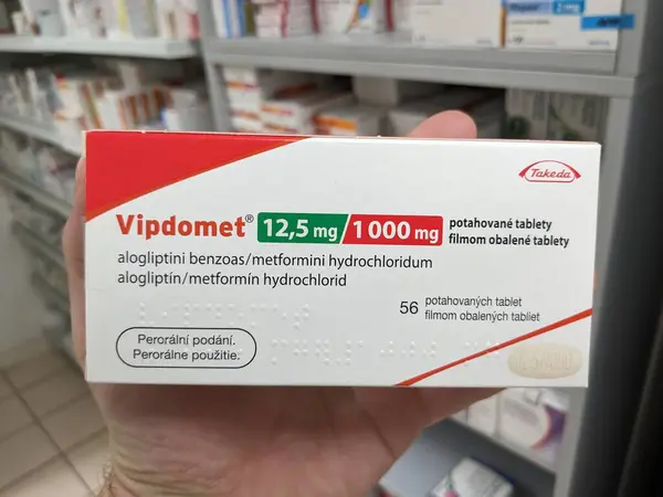 stock image Prague,Czech Republic-August 10 2024: VIPIDOMET box of medication with ALOGLIPTIN and METFORMIN active substances by TAKEDA,used for treatment of type 2 diabetes.