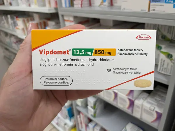 stock image Prague,Czech Republic-August 10 2024: VIPIDOMET box of medication with ALOGLIPTIN and METFORMIN active substances by TAKEDA,used for treatment of type 2 diabetes.