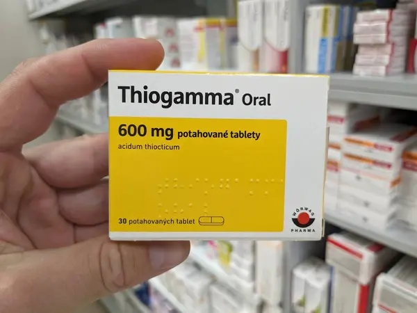 stock image Prague,Czech Republic-August 10 2024: THIOGAMMA ORAL box of medication with ALPHA-LIPOIC ACID active substance by WRWAG PHARMA,used for treatment of diabetic neuropathy,neuroprotection.