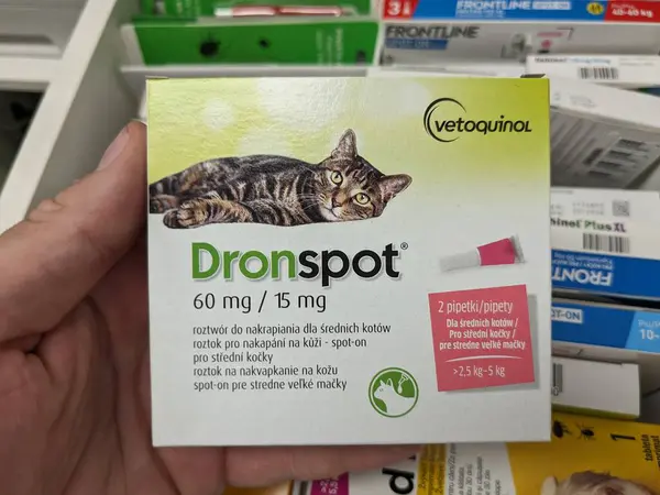 Stock image Prague, Czech Republic - July 9 2024: DRONSPOT box of topical solution with EMODEPSIDE and PRAZIQUANTEL active substances by BAYER, used for deworming cats.