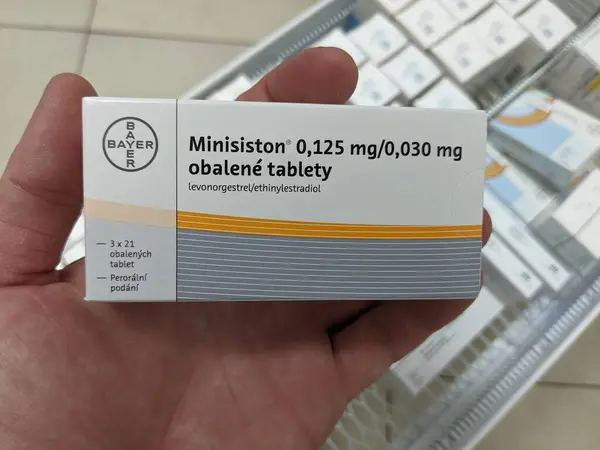 stock image Prague, Czech Republic - July 9 2024: MINISISTON oral contraceptive, used for birth control and hormone regulation.