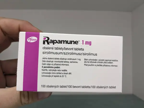 Stock image Prague, Czech Republic - July 9 2024: RAPAMUNE tablets with SIROLIMUS active substance by PFIZER, used for immunosuppression in organ transplants.