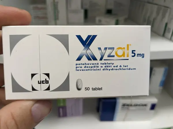 stock image Prague, Czech Republic - July 9 2024: XYZAL tablets with LEVOCETIRIZINE active substance by UCB, used for allergy relief and hay fever.