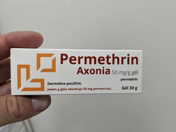 Stock image Prague, Czech Republic - July 9 2024: PERMETHRIN AXONIA lotion with PERMETHRIN active substance, used for scabies and head lice.