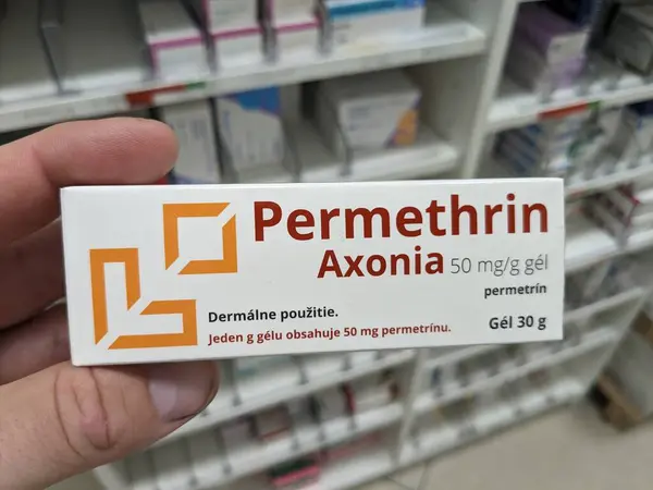 Stock image Prague, Czech Republic - July 9 2024: PERMETHRIN AXONIA lotion with PERMETHRIN active substance, used for scabies and head lice.