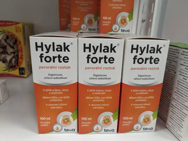 stock image Prague, Czech Republic - July 13, 2024: HYLAK FORTE oral drops with LACTIC ACID active substance by RATIOPHARM, used for gastrointestinal health and digestive support.