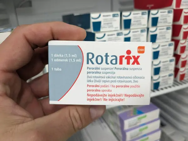 stock image Prague,Czech Republic-July 13 2024: ROTARIX oral vaccine with ROTAVIRUS active substance by GLAXOSMITHKLINE, used for infant rotavirus vaccination.