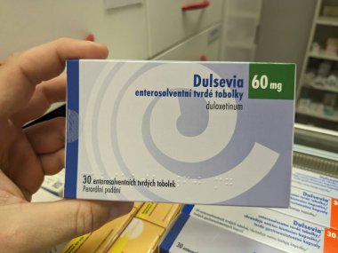 Prague, Czech Republic - July 13, 2024: DULSEVIA capsules with DULOXETINE active substance by ELI LILLY, used for depression treatment. clipart