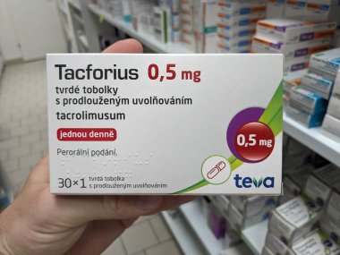 Prague,Czech Republic-August 7 2024: TACFORIUS TEVA box of medication with TACROLIMUS active substance by TEVA,used for treatment of organ transplant rejection clipart