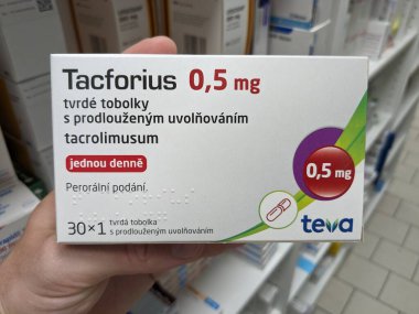 Prag, Çek Cumhuriyeti-7 Ağustos 2024: TACFORIUS TEVA kutu dolusu TACROLIMUS aktif maddesi, organ nakli reddi tedavisinde kullanılır