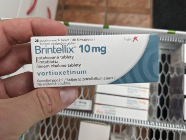 Prague, Czech Republic - July 9 2024: BRINTELLIX tablets with VORTIOXETINE active substance by LUNDBECK, used for treatment of major depressive disorder and anxiety. clipart