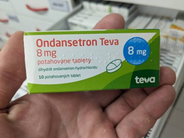 Prague, Czech Republic - July 9 2024: ONDASETRON TEVA box of medication with ONDANSETRON active substance by TEVA, used for treatment of nausea and vomiting. clipart