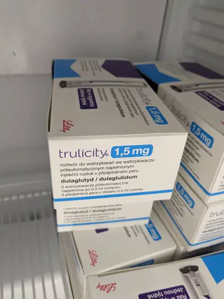 stock image Prague,Czech Republic-August 7 2024: TRULICITY box of medication with DULAGLUTIDE active substance by ELI LILLY,used for treatment of type 2 diabetes