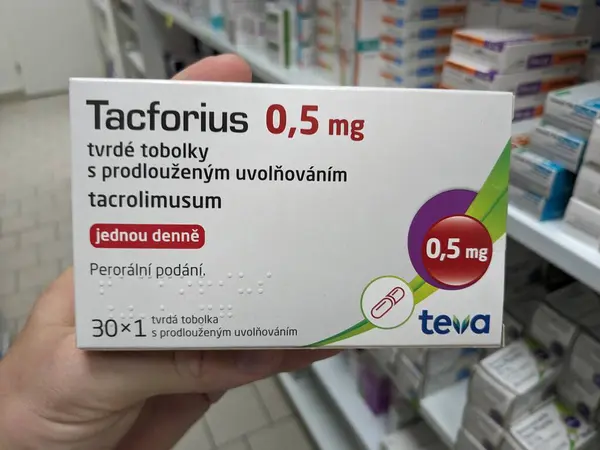 stock image Prague,Czech Republic-August 7 2024: TACFORIUS TEVA box of medication with TACROLIMUS active substance by TEVA,used for treatment of organ transplant rejection