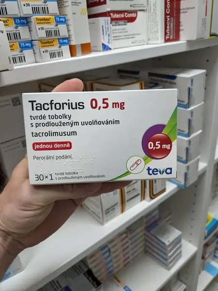 Stock image Prague,Czech Republic-August 7 2024: TACFORIUS TEVA box of medication with TACROLIMUS active substance by TEVA,used for treatment of organ transplant rejection