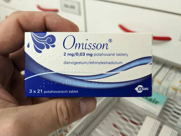 stock image Prague, Czech Republic - July 9 2024: OMISSON box of medication with DESOGESTREL and ETHINYL ESTRADIOL active substances by GEDEON RICHTER, used for contraceptive and family planning.