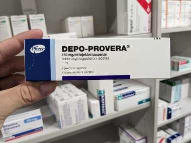 Prague,Czech Republic-September 26 2024: DEPO-PROVERA box of medication with MEDROXYPROGESTERONE active substance by PFIZER,used for contraception,birth control clipart