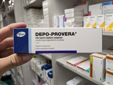 Prague,Czech Republic-September 26 2024: DEPO-PROVERA box of medication with MEDROXYPROGESTERONE active substance by PFIZER,used for contraception,birth control clipart