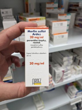 Prague,Czech Republic-October 9 2024: MORFIN SULFAT by ARDEZ contains MORPHINE SULFATE, an opioid analgesic used to treat severe pain in patients requiring continuous pain management clipart