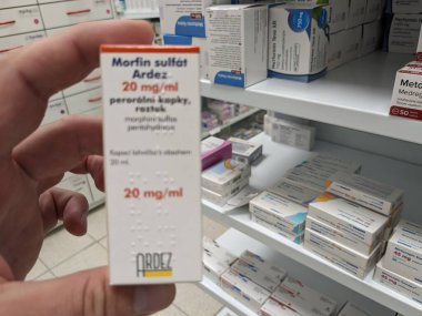 Prague,Czech Republic-October 9 2024: MORFIN SULFAT by ARDEZ contains MORPHINE SULFATE, an opioid analgesic used to treat severe pain in patients requiring continuous pain management clipart