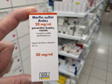 Prague,Czech Republic-October 9 2024: MORFIN SULFAT by ARDEZ contains MORPHINE SULFATE, an opioid analgesic used to treat severe pain in patients requiring continuous pain management clipart