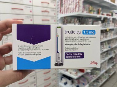 Prague,Czech republic- June 22 2023:box of TRULICITY 1,5 mg Eli lilly insulin self injections pen. DULAGLUTIDE active substance ,European union,pharmacy concept clipart