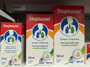 Prag, Çek Cumhuriyeti-9 Ekim 2024: STOPTUSSIN by TEVA, boğazı yatıştırmak ve seyrelten mukusu yatıştırmak için kullanılan öksürük baskılayıcı ve sıkboğaz kesicidir.