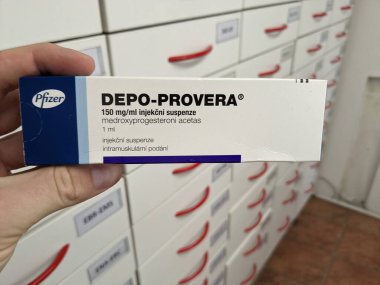 Prague,Czech Republic-September 9 2024: DEPO-PROVERA box of medication with MEDROXYPROGESTERONE active substance by PFIZER,used for contraception,birth control clipart