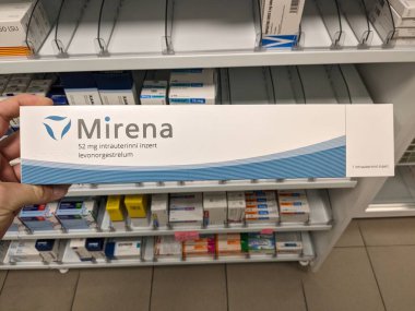 Prag, Çek Cumhuriyeti - 9 Temmuz 2024: MIRENA intrauterine device with LEVONORGESTREL active matter by BAYER, used for long time birth control.