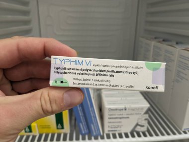 Prag, Çek Cumhuriyeti-9 Ekim 2024: VI POLYSACCHARIDE içeren SANOFI tarafından TYPHE VI, sık sık hastalığın yaygın olduğu gezginler için tavsiye edilen tifo ateşini önleyen bir aşıdır..
