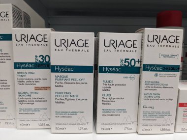 Prague,Czech Republic-October 9 2024: URIAGE HYSEAC is a skincare range formulated to treat oily and acne-prone skin, balancing sebum production and preventing breakouts, while soothing and hydrating the skin. clipart