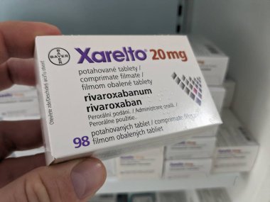 Prague, Czech Republic-August 15 2024: XARELTO box of tablets with RIVAROXABAN active substance by BAYER, used for the prevention and treatment of blood clots and stroke. clipart