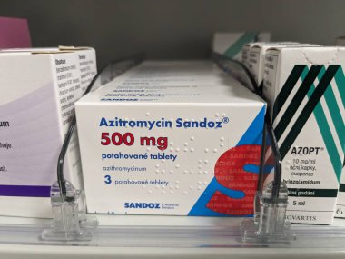 Prague,Czech Republic-October 9 2024: Azitromycin by SANDOZ contains AZITHROMYCIN, an antibiotic used to treat bacterial infections affecting the respiratory tract, skin, and other parts of the body clipart