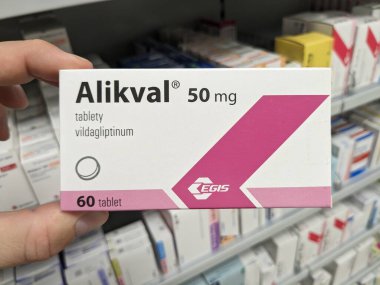 Prag, Çek Cumhuriyeti-9 Ekim 2024: EGIS tarafından Alikval, tip 2 diyabet hastalarında insülin üretimini artırarak kan şekeri seviyelerini kontrol etmek için kullanılan bir sözlü ilaç olan VILDAGLIPTIN içermektedir 
