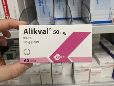 Prag, Çek Cumhuriyeti-9 Ekim 2024: EGIS tarafından Alikval, tip 2 diyabet hastalarında insülin üretimini artırarak kan şekeri seviyelerini kontrol etmek için kullanılan bir sözlü ilaç olan VILDAGLIPTIN içermektedir 