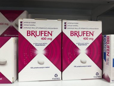 Prague, Czech Republic - July 10 2024: BRUFEN box of medication with IBUPROFEN active substance by ABBOTT, used for treatment of pain, inflammation, and fever.