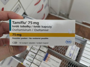 Prag, Çek Cumhuriyeti - 8 Kasım 2024: TAMIFLU ilacı. Tamiflu, aktif madde Oseltamivirum, Oseltamivir, Çek Cumhuriyeti 'nde Roche antivirotik meme. Uyuşturucu paketi.