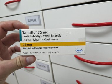 Prag, Çek Cumhuriyeti - 8 Kasım 2024: TAMIFLU ilacı. Tamiflu, aktif madde Oseltamivirum, Oseltamivir, Çek Cumhuriyeti 'nde Roche antivirotik meme. Uyuşturucu paketi.