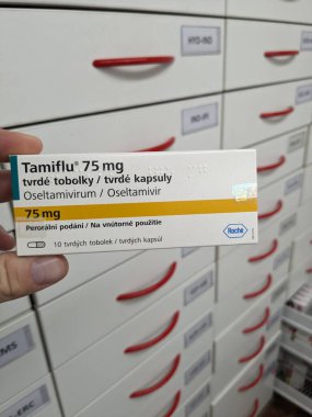 Prag, Çek Cumhuriyeti - 8 Kasım 2024: TAMIFLU ilacı. Tamiflu, aktif madde Oseltamivirum, Oseltamivir, Çek Cumhuriyeti 'nde Roche antivirotik meme. Uyuşturucu paketi.