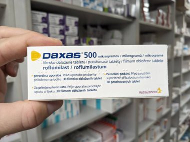 Prague, Czech Republic-August 10 2024:DAXAS box of medication with ROFLUMILAST active substance by ASTRAZENECA, used for treatment of chronic obstructive pulmonary disease (COPD). clipart