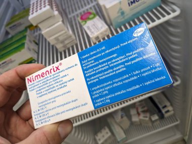 Prague, Czech Republic - August 28 2024: NIMENRIX box of meningococcal vaccine by PFIZER, used for prevention of meningococcal disease.