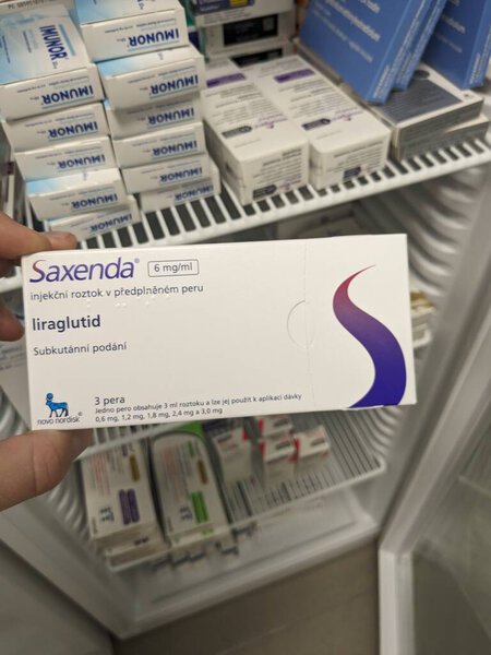 Prague,Czech Republic -August 2 2024: SAXENDA box of medication with LIRAGLUTIDE active substance by NOVO NORDISK, used for weight loss and diabetes management.